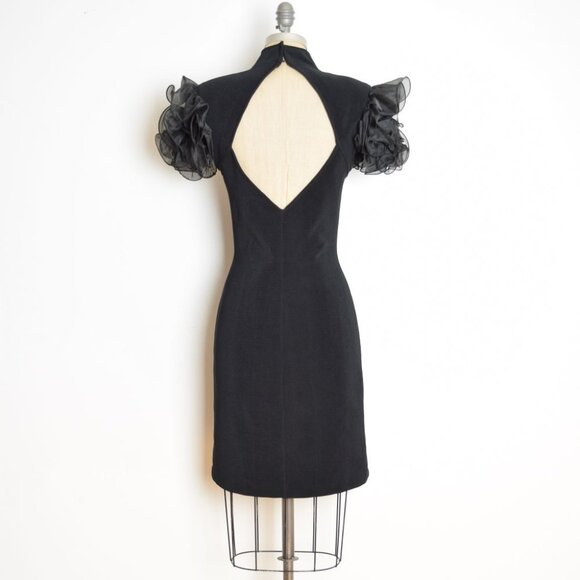 vintage 80s party dress black heart cutout backless party short prom ruffle M - Picture 8 of 11